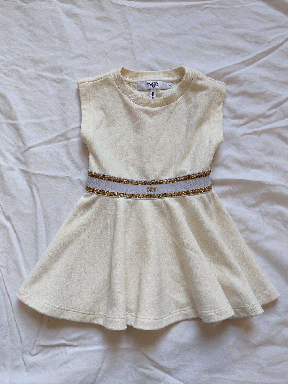 Baby Dior Girls Ivory Cream Fit & Flare Dress Gold Logo Waistband Size 6